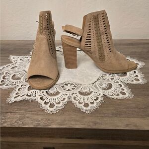 Tan Peep-Toe Block Heel Sandals